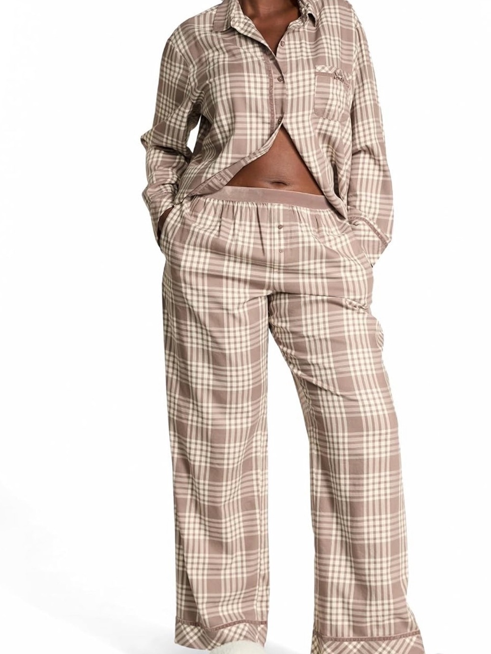 Victoria Secret PINK Plaid Pajama Set - Taupe & Cream